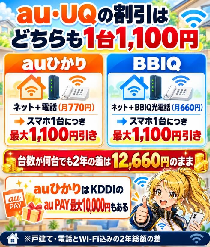 au・UQの割引はauひかりもBBIQも1台最大1,100円(台数が何台でも2年の差は12,660円・auひかりはKDDIのau PAY最大10,000円も)