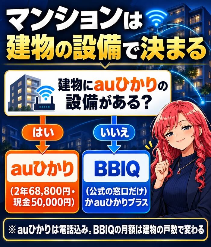 マンションは建物の設備で決まる(auひかりの設備があればauひかり・なければBBIQかauひかりプラス)