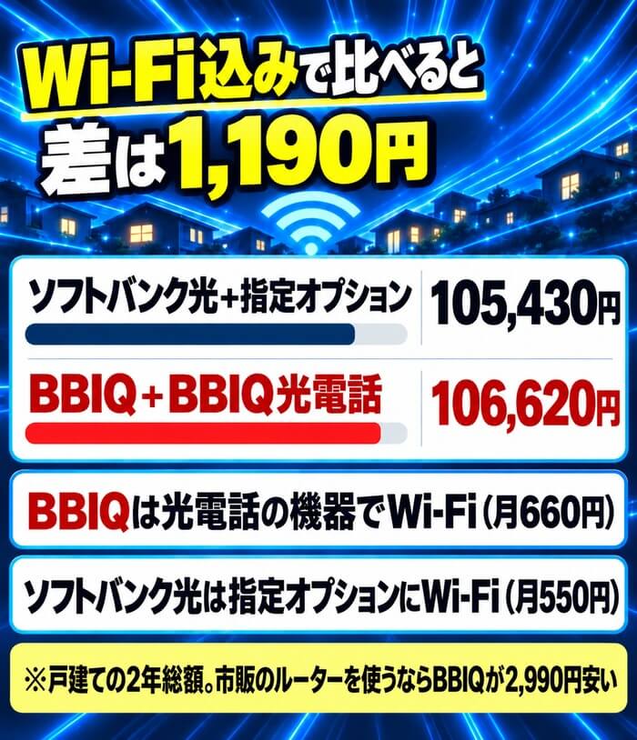 Wi-Fi込みで比べるとソフトバンク光105,430円・BBIQ 106,620円で差は1,190円