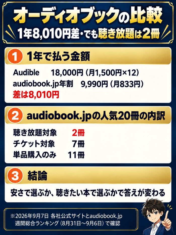 Audibleとaudiobook.jpの1年の合計は18,000円と9,990円で8,010円差、人気20冊のうち聴き放題は2冊という図