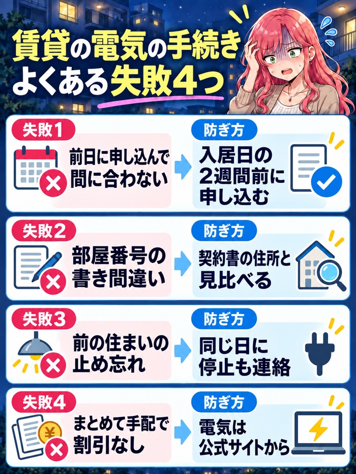賃貸の電気の手続きでよくある失敗4つと防ぎ方