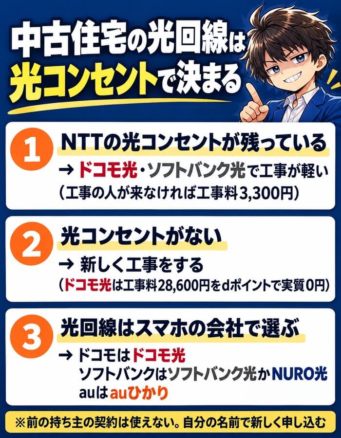 中古住宅の光回線は光コンセントで決まる(NTTの光コンセントならドコモ光・ソフトバンク光で工事が軽い、光コンセントがなければ新しく工事、光回線はスマホの会社で選ぶ)