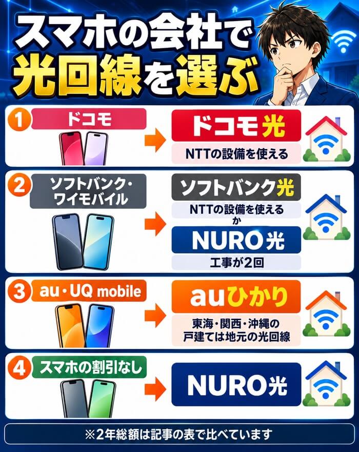 スマホの会社で中古住宅の光回線を選ぶ(ドコモはドコモ光、ソフトバンクはソフトバンク光かNURO光、auはauひかり、割引なしはNURO光)