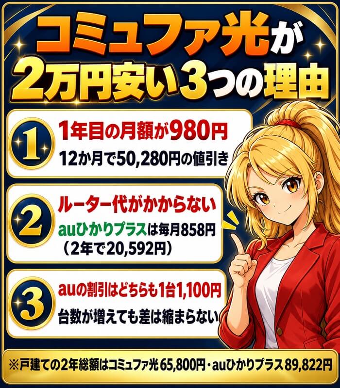 コミュファ光がauひかりプラスより2万円安い3つの理由(1年目の月額980円・ルーター代がかからない・auの割引は同じ1,100円)