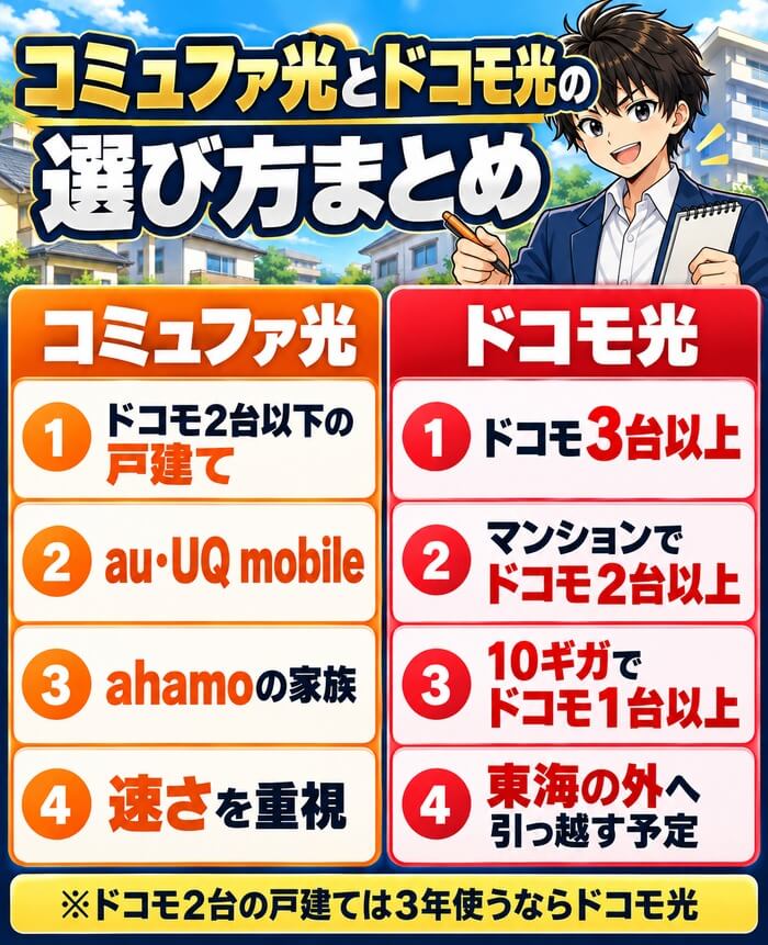 ドコモ2台以下の戸建てやau・UQ mobileはコミュファ光、ドコモ3台以上やマンションでドコモ2台以上はドコモ光という選び方のまとめの図