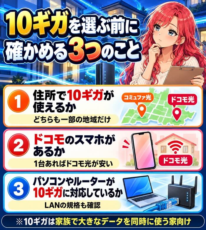 10ギガは住所で使えるか、ドコモのスマホがあるか、機器が10ギガに対応しているかを確かめることを示した図