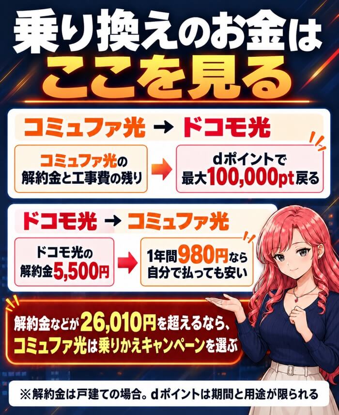 コミュファ光からドコモ光へはdポイントで最大100,000pt戻り、ドコモ光からコミュファ光へは1年間980円なら解約金を自分で払っても安いことを示した図
