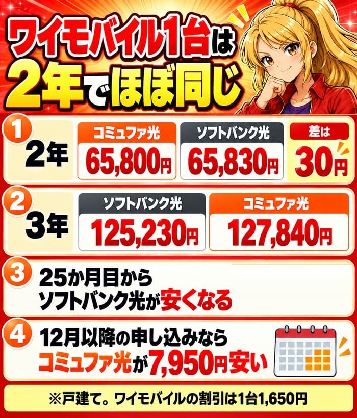 ワイモバイル1台は2年でほぼ同じ(2年はコミュファ光65,800円・ソフトバンク光65,830円、3年はソフトバンク光125,230円、12月以降の申し込みはコミュファ光が7,950円安い)