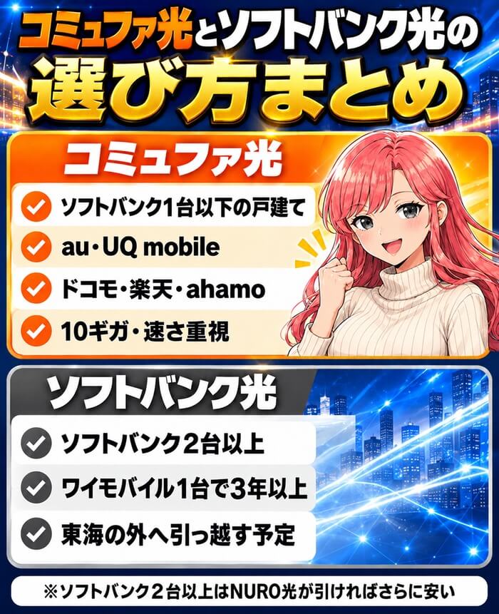 コミュファ光とソフトバンク光の選び方まとめ(コミュファ光はソフトバンク1台以下の戸建て・au・UQ・ドコモ・楽天・10ギガ、ソフトバンク光はソフトバンク2台以上・ワイモバイル1台で3年以上・東海の外へ引っ越す予定)