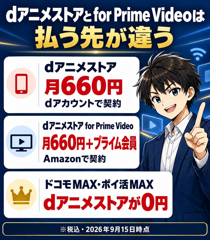 dアニメストアとdアニメストア for Prime Videoは払う先が違う(dアニメストア月660円、for Prime Videoは月660円+Amazonプライム会員、ドコモMAXならdアニメストアが0円)
