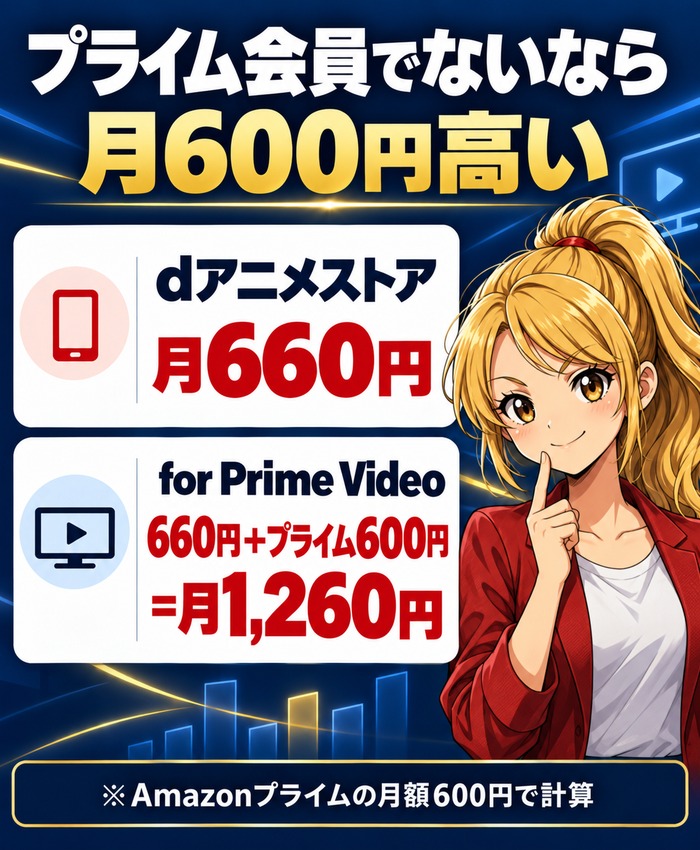 Amazonプライム会員でないならdアニメストア for Prime Videoは月600円高い(dアニメストア月660円、for Prime Videoは660円+Amazonプライム600円で月1,260円)