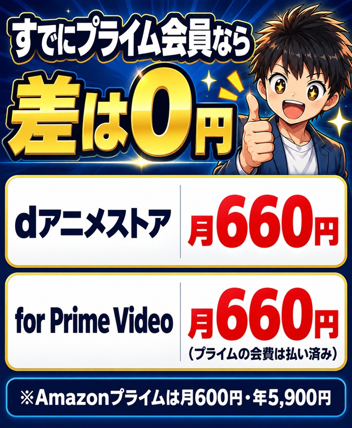 すでにAmazonプライム会員ならdアニメストアとfor Prime Videoの差は0円