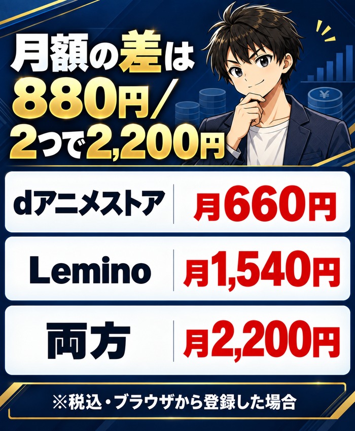 dアニメストアとLeminoの月額の差は880円、2つ入ると月2,200円(dアニメストア660円・Lemino1,540円)