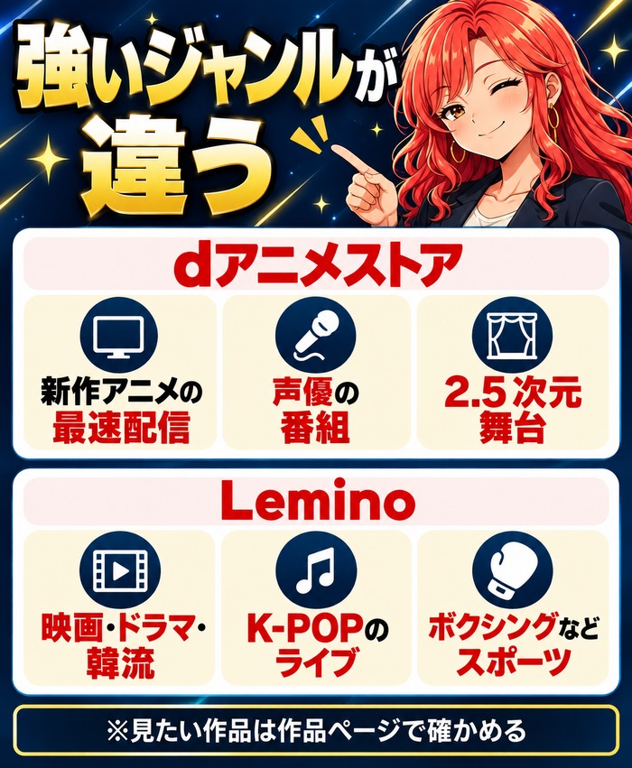 dアニメストアとLeminoは強いジャンルが違う(dアニメストアは新作アニメの最速配信・声優の番組・2.5次元舞台、Leminoは映画・ドラマ・韓流・K-POPのライブ・ボクシングなどスポーツ)