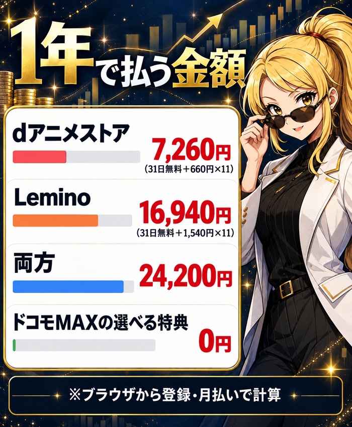 dアニメストアとLeminoを1年で払う金額(dアニメストア7,260円・Lemino16,940円・両方24,200円・ドコモMAXの選べる特典なら0円)