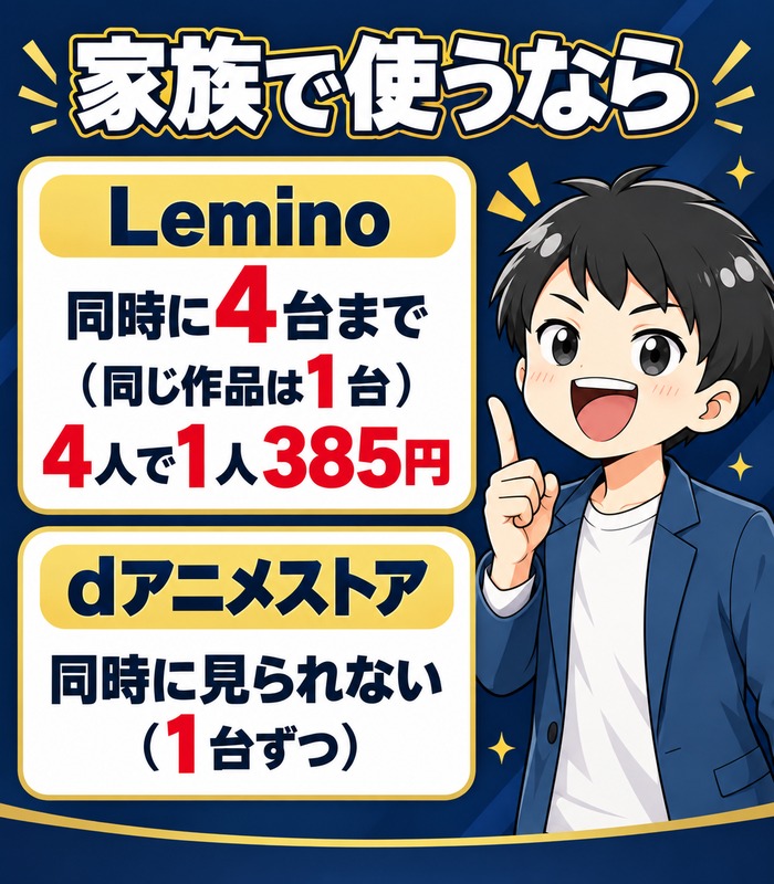 家族で使うならLeminoは同時に4台まで(同じ作品は1台)で4人なら1人385円、dアニメストアは同時に見られない(1台ずつ)