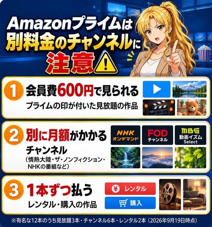 Amazonプライムの会員費600円で見られる見放題、別に月額がかかるチャンネル、1本ずつ払うレンタルの違いの図