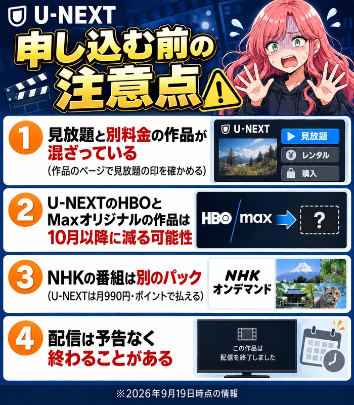見放題と別料金の混在、U-NEXTのHBOとMaxオリジナルの減少の可能性、NHKの番組は別パック、配信終了の4つの注意点の図