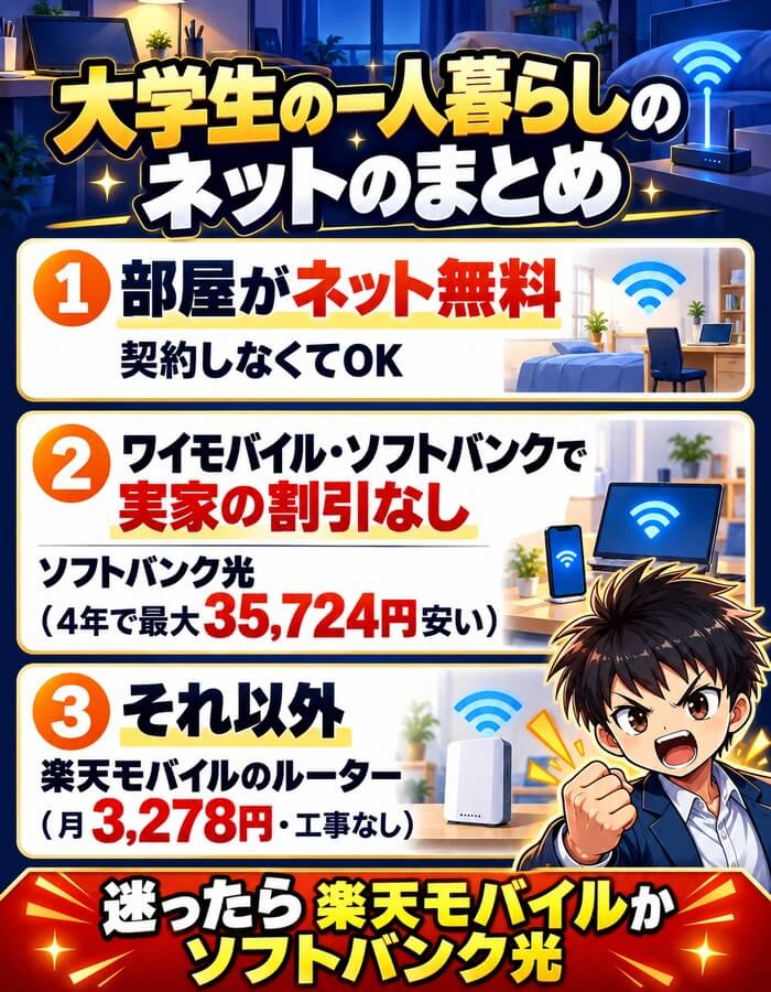 大学生の一人暮らしのネットのまとめ(ネット無料なら契約しない・ワイモバイルかソフトバンクで実家の割引なしならソフトバンク光・それ以外は楽天モバイルのルーター月3,278円)
