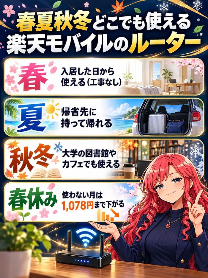 春夏秋冬どこでも使える楽天モバイルのルーター(入居した日から使える・帰省先に持って帰れる・大学の図書館やカフェでも使える・使わない月は1,078円)