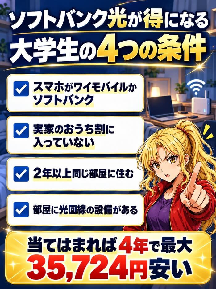 ソフトバンク光が得になる大学生の4つの条件(ワイモバイルかソフトバンク・実家のおうち割に入っていない・2年以上住む・光回線の設備がある)
