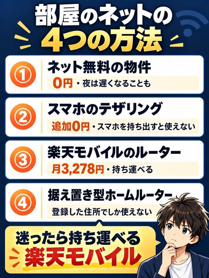 部屋のネットの4つの方法(ネット無料の物件・スマホのテザリング・楽天モバイルのルーター月3,278円・据え置き型ホームルーター)