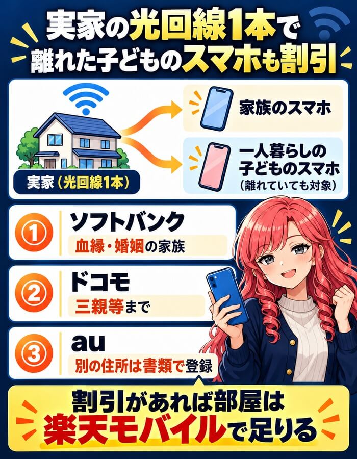 実家の光回線1本で離れた子どものスマホも割引(ソフトバンクは血縁・婚姻の家族・ドコモは三親等まで・auは別の住所は書類で登録)