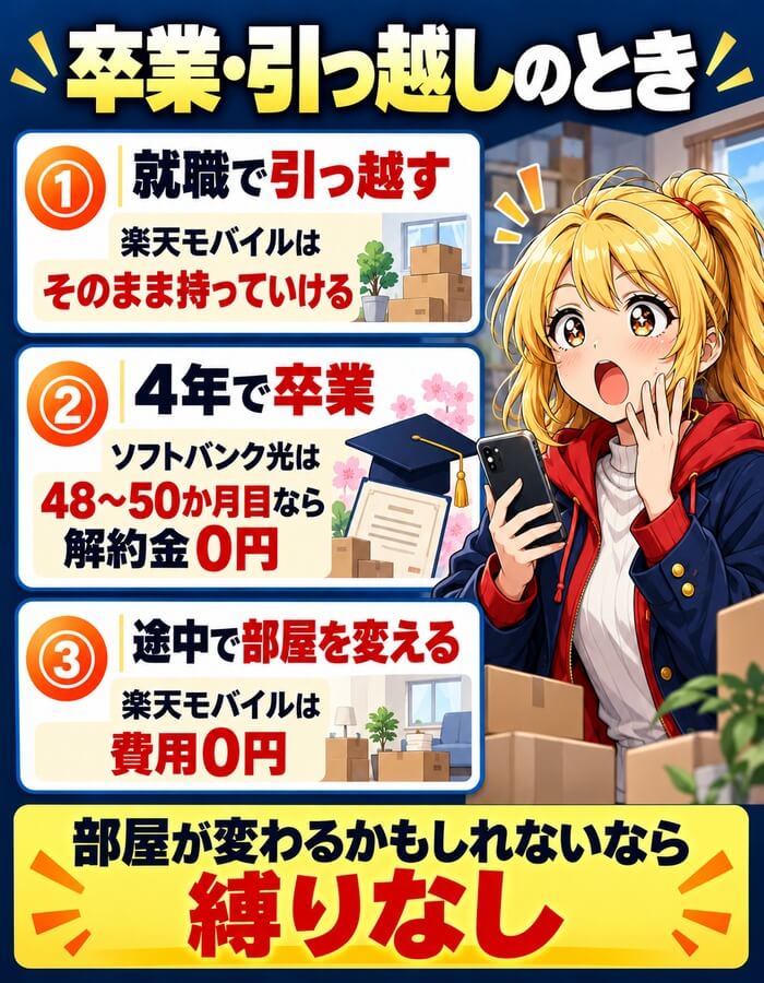卒業・引っ越しのときの回線の扱い(楽天モバイルはそのまま持っていける・ソフトバンク光は48〜50か月目なら解約金0円・途中で部屋を変えても楽天モバイルは費用0円)