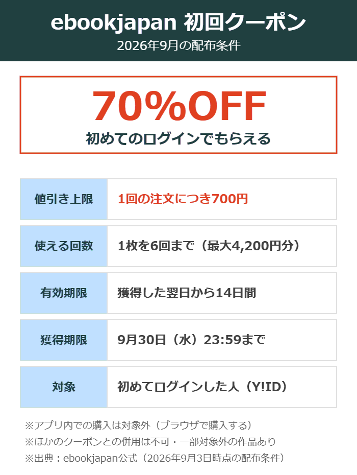 ebookjapan初回クーポンの条件まとめ。70%OFF・上限700円・6回まで