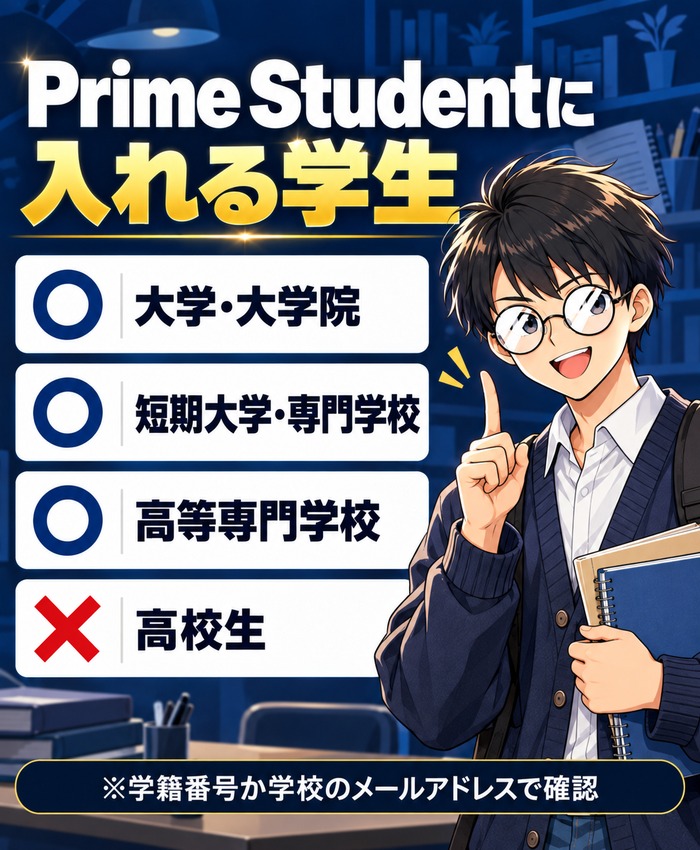 Prime Studentに入れる学生は大学・大学院・短期大学・専門学校・高等専門学校で、高校生は入れない