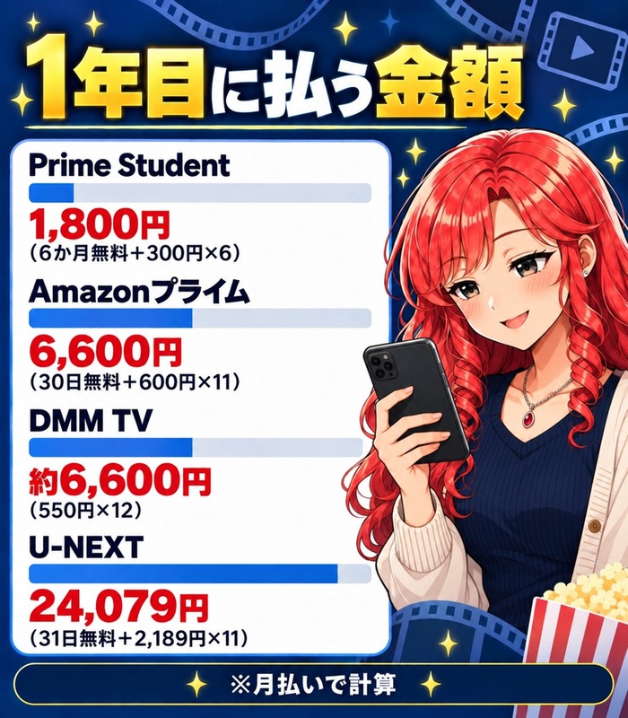 1年目に払う金額はPrime Student1,800円・Amazonプライム6,600円・DMM TV約6,600円・U-NEXT24,079円(月払い)