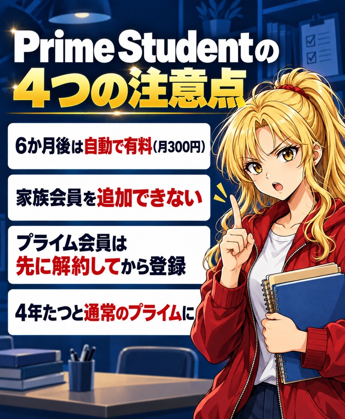 Prime Studentの4つの注意点(6か月後は自動で有料・家族会員を追加できない・Amazonプライム会員は先に解約・4年で通常のAmazonプライムに)