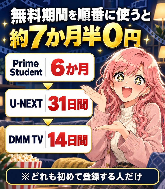 無料期間を順番に使うと約7か月半0円(Prime Student6か月・U-NEXT31日間・DMM TV14日間)