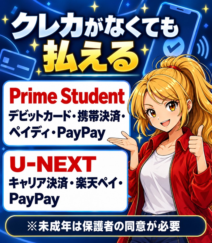 クレカがなくても払える(Prime Studentはデビットカード・携帯決済・ペイディ・PayPay、U-NEXTはキャリア決済・楽天ペイ・PayPay)
