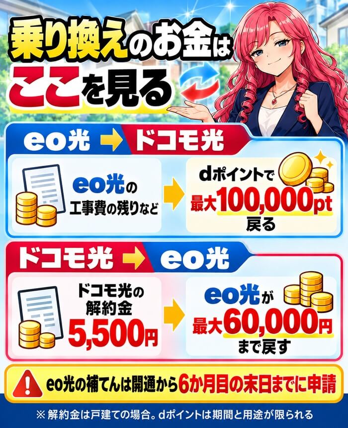 eo光からドコモ光はdポイント最大100,000pt、ドコモ光からeo光は解約金を最大60,000円まで補てんする図