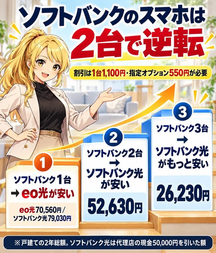 ソフトバンクのスマホは2台で逆転(1台79,030円・2台52,630円・3台26,230円)