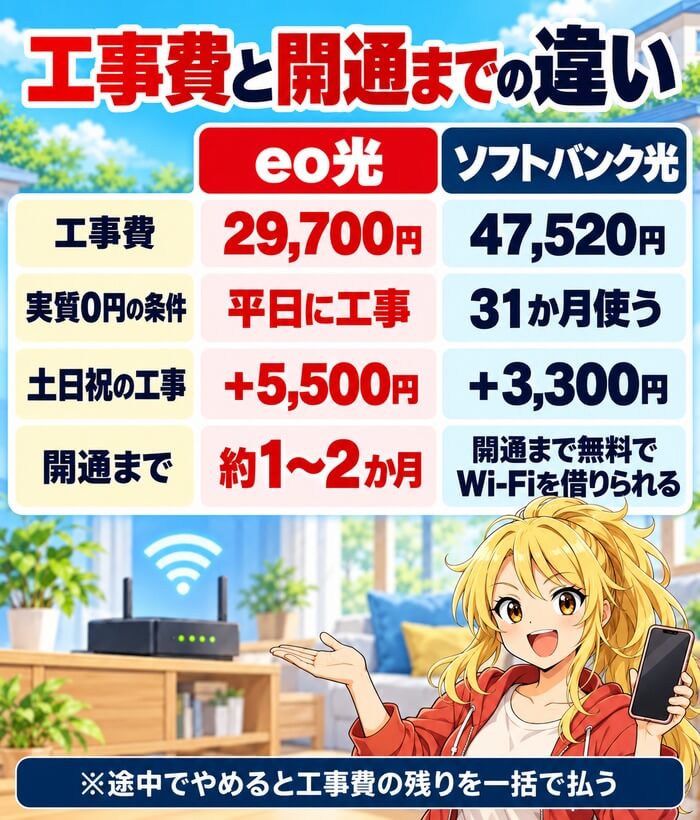 eo光とソフトバンク光の工事費と開通までの違い