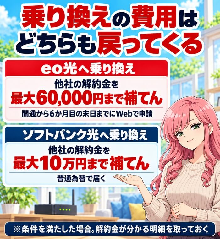 eo光とソフトバンク光の乗り換え費用の補てん(eo光は最大60,000円・ソフトバンク光は最大10万円)