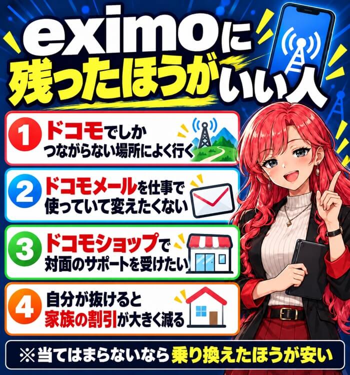 ドコモでしかつながらない場所によく行く・ドコモメールを仕事で使う・ドコモショップの対面サポートを受けたい・自分が抜けると家族の割引が大きく減る人はeximoに残ってもよい