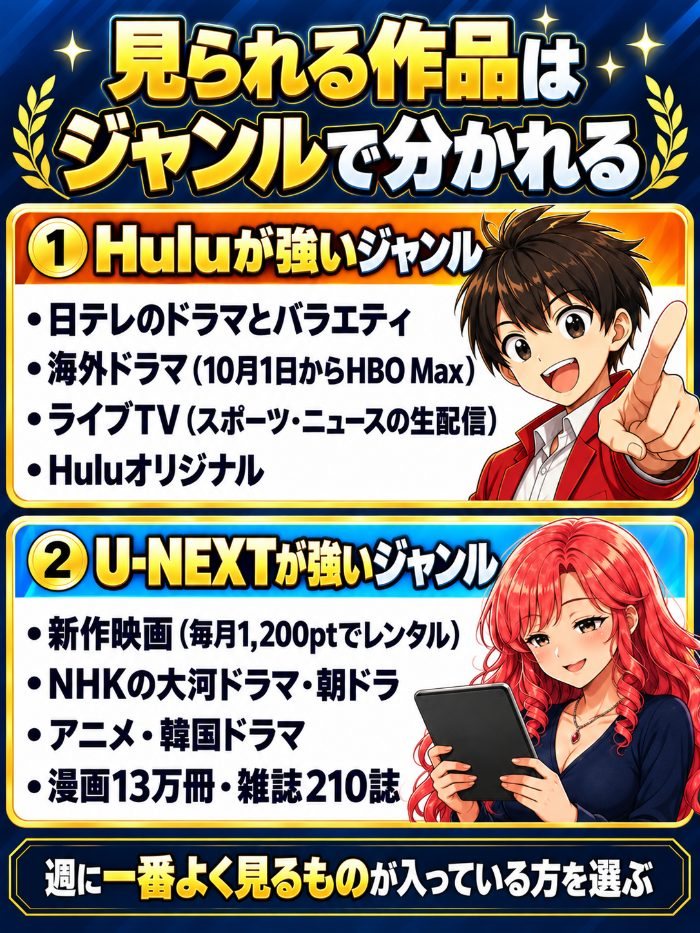 Huluが強いジャンルは日テレのドラマとバラエティ・海外ドラマ・ライブTV・Huluオリジナル