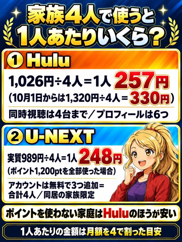家族4人で使うと1人あたりはHuluが257円(10月1日から330円)、U-NEXTが実質248円。ポイントを使わない家庭はHuluのほうが安い