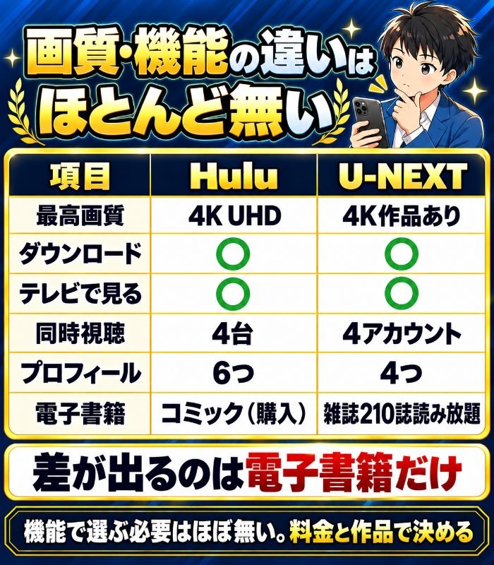 HuluとU-NEXTの最高画質・ダウンロード・テレビ視聴・同時視聴・プロフィール数・電子書籍の比較。差が出るのは電子書籍だけ