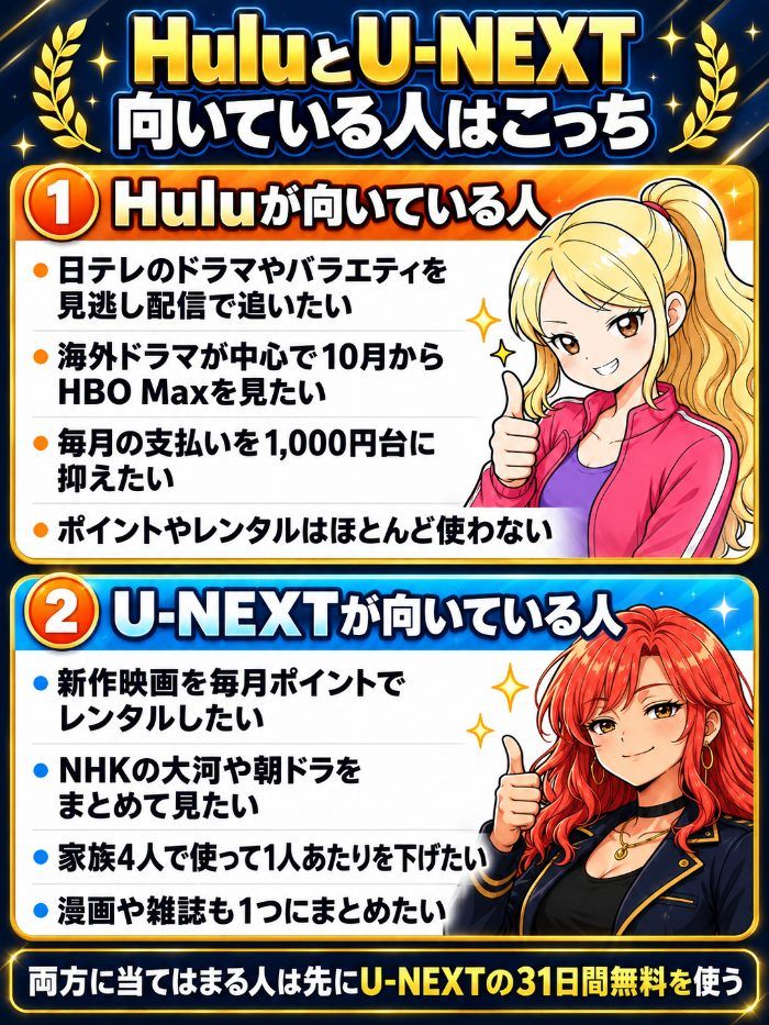 Huluが向いている人は日テレの見逃し配信・海外ドラマ・1,000円台で広告なしの人