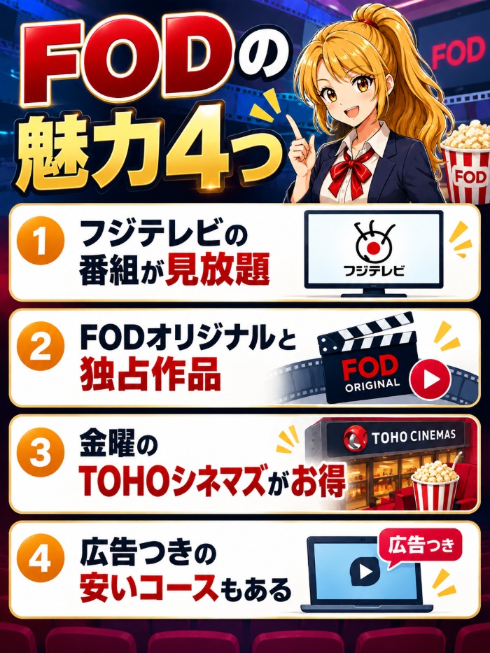 FODの魅力4つ(フジテレビの番組が見放題・FODオリジナルと独占作品・金曜のTOHOシネマズがお得・広告つきの安いコース)