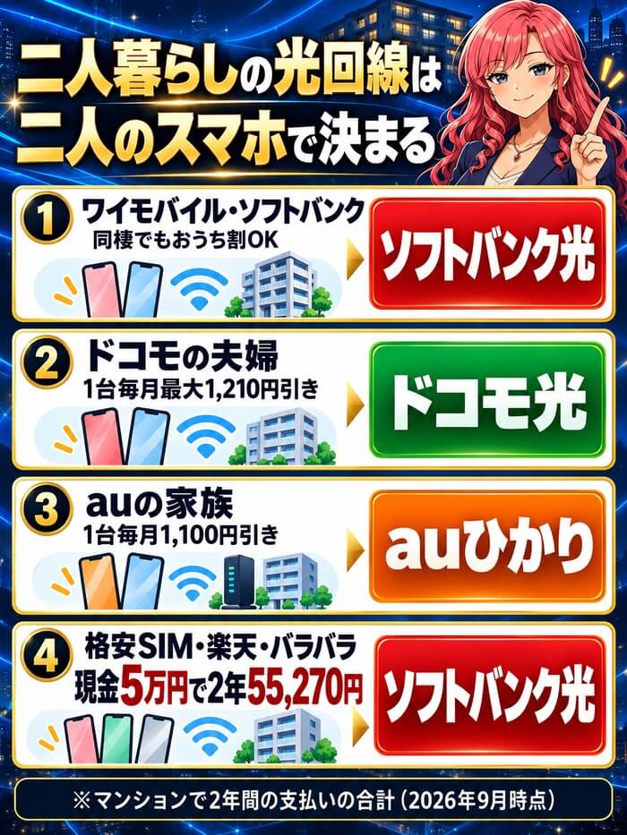 二人暮らしの光回線を二人のスマホの会社で選び分ける図