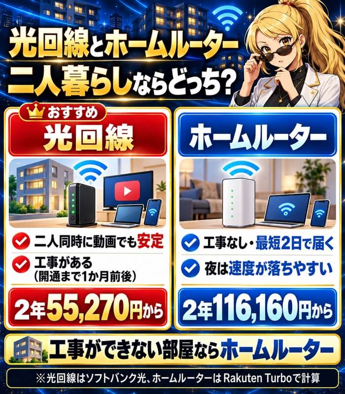 光回線・ホームルーター・スマホのテザリングの違いを二人暮らしで比べた図