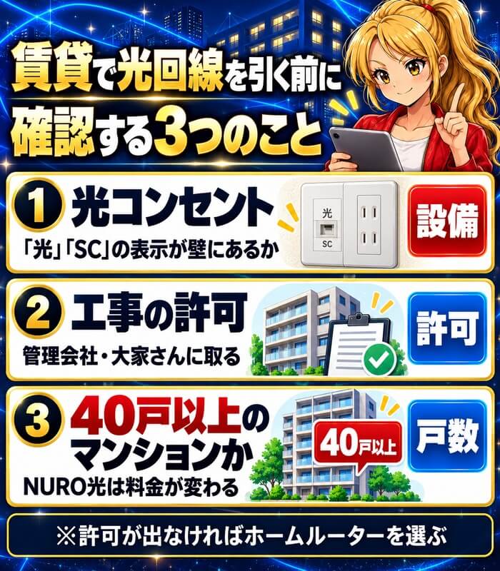 賃貸で光回線を引く前に確認する3つのことをまとめた図