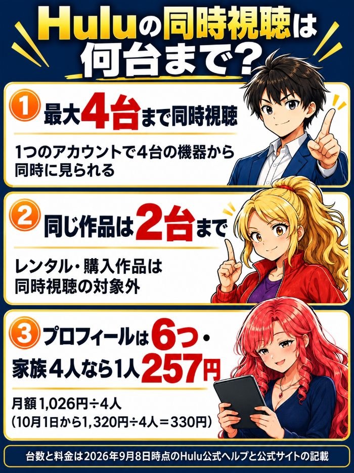 Huluの同時視聴は最大4台。同じ作品は2台まででレンタル・購入作品は対象外