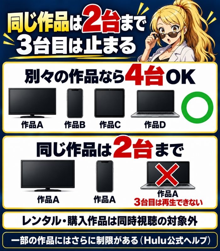 別々の作品なら4台まで同時に見られるが、同じ作品は2台までで3台目は再生できない。レンタル・購入作品は同時視聴の対象外