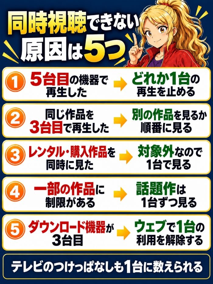 Huluで同時視聴できない原因。5台目の機器で再生、同じ作品を3台目で再生、レンタル作品など